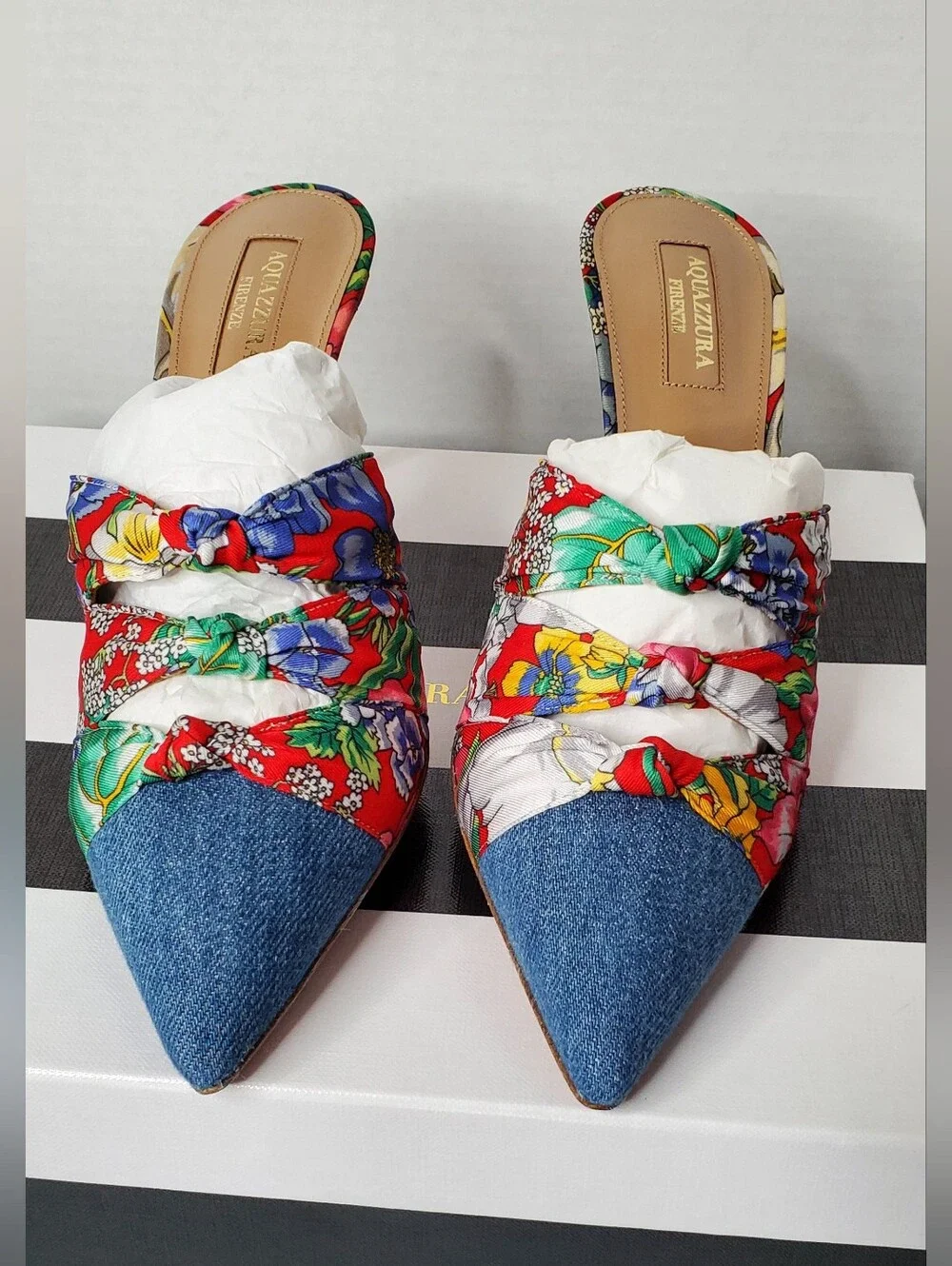 AQUAZZURA DENIM FLORAL Mule Heels NEW 36.5 (6) NWT